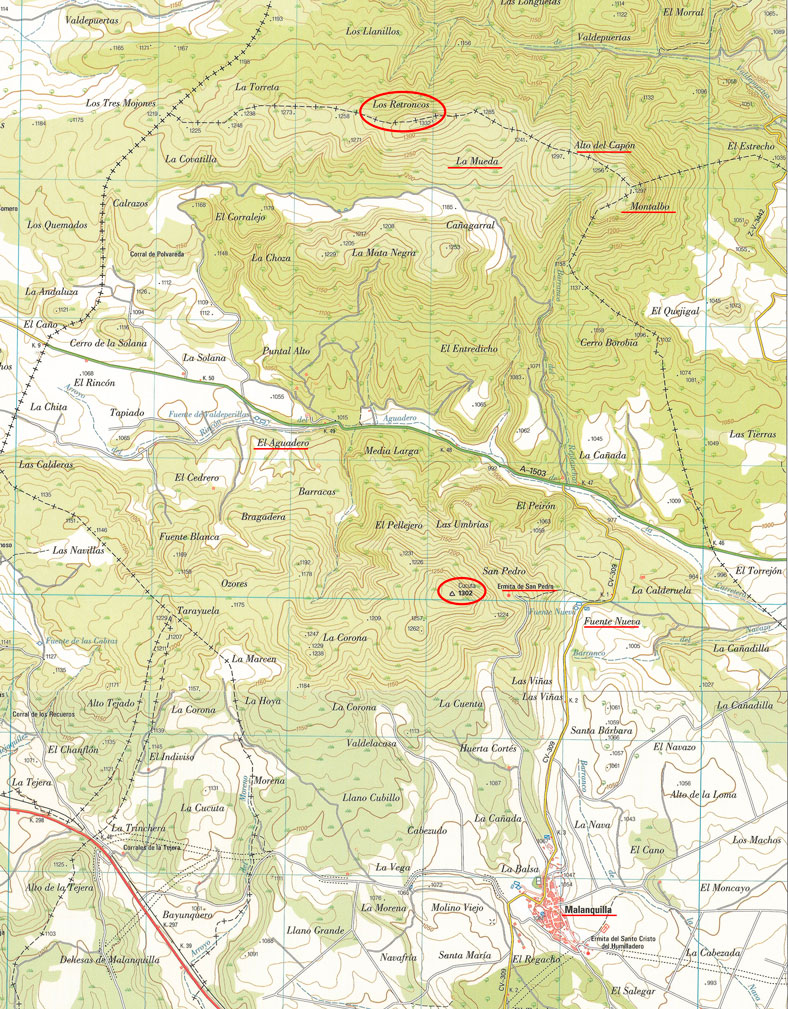 mapa de la cartografía oficial del instituto geográfico nacional de la zona de malanquilla con las cotas más significativas marcadas